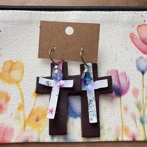 Elegant Brown Cross Earrings with Floral Design